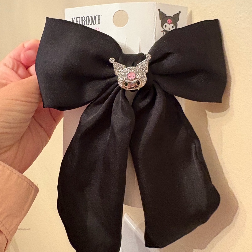 Black Kuromi Hair Bow with Silver Charm